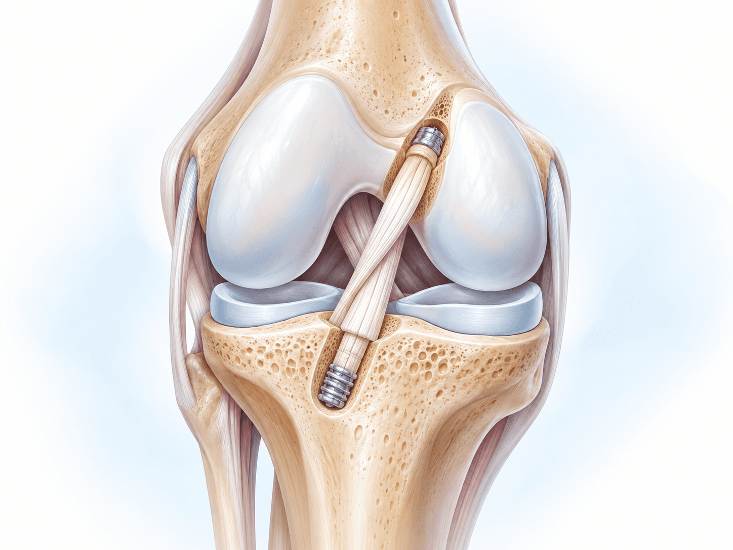 ACL reconstruction surgery illustration showing a tendon graft fixed inside the knee with femoral and tibial screws.