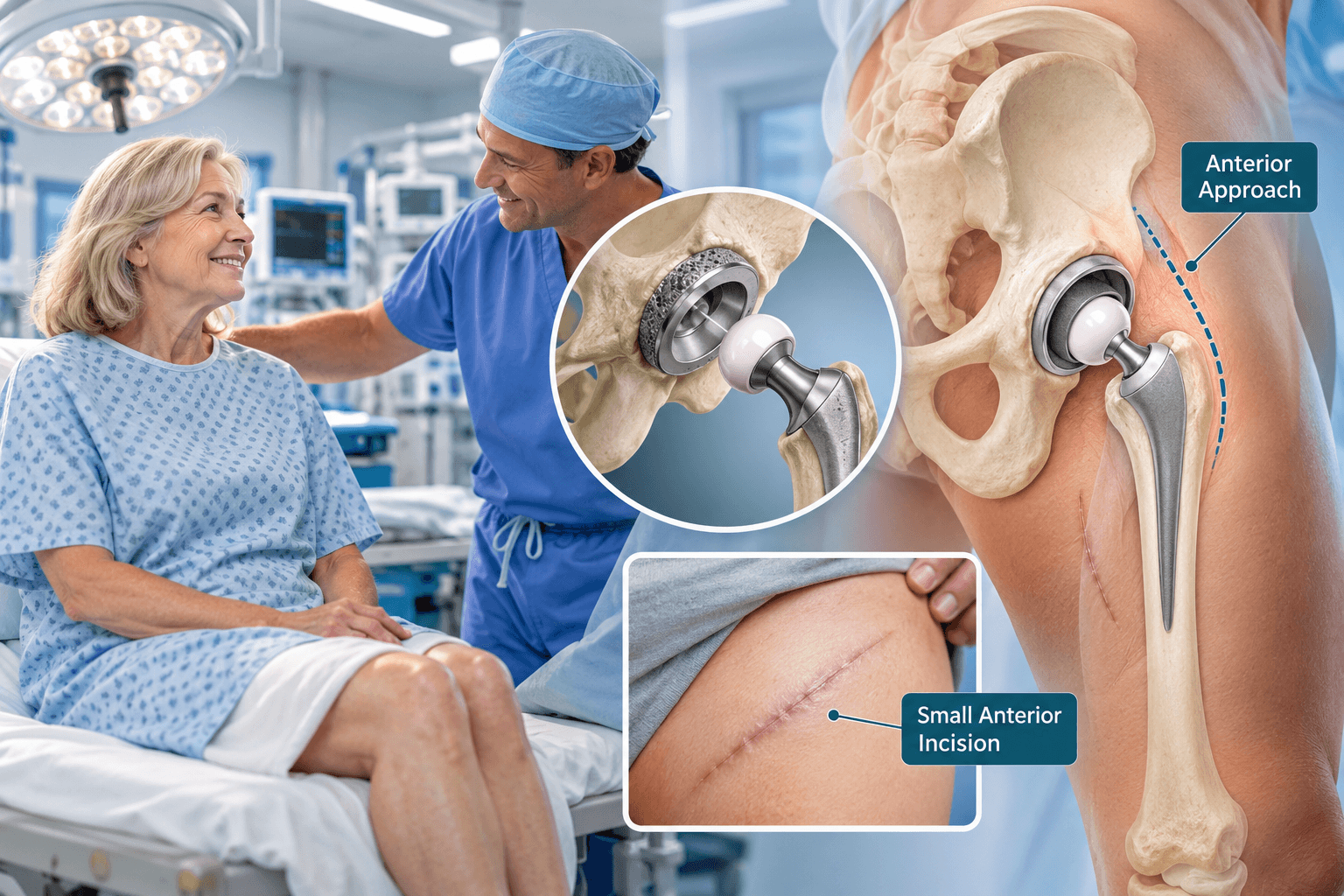 Anterior hip replacement showing a human patient, surgeon, front hip incision, and a total hip implant positioned through the direct anterior approach.