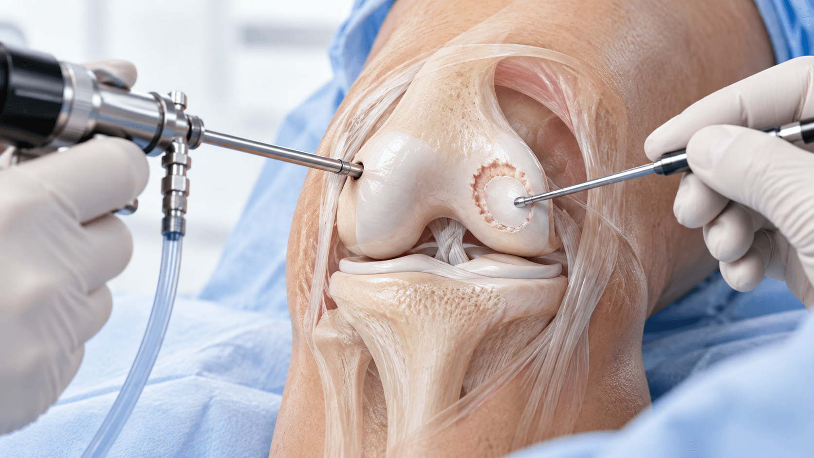 Cartilage restoration surgery showing arthroscopic repair of a focal articular cartilage defect on the human knee joint surface.