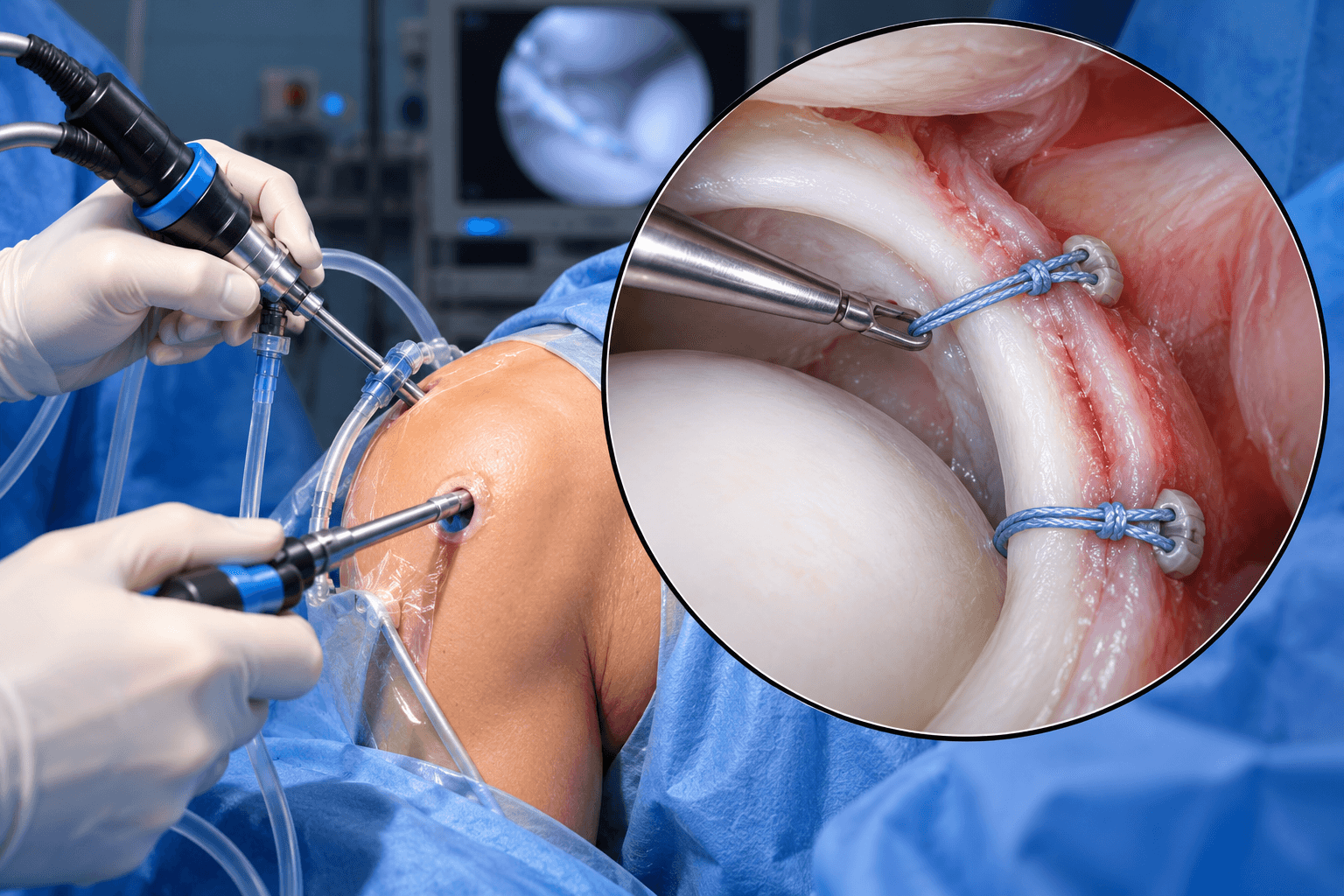 Shoulder labral repair showing arthroscopic suture anchors reattaching a torn glenoid labrum to the rim of the shoulder socket.