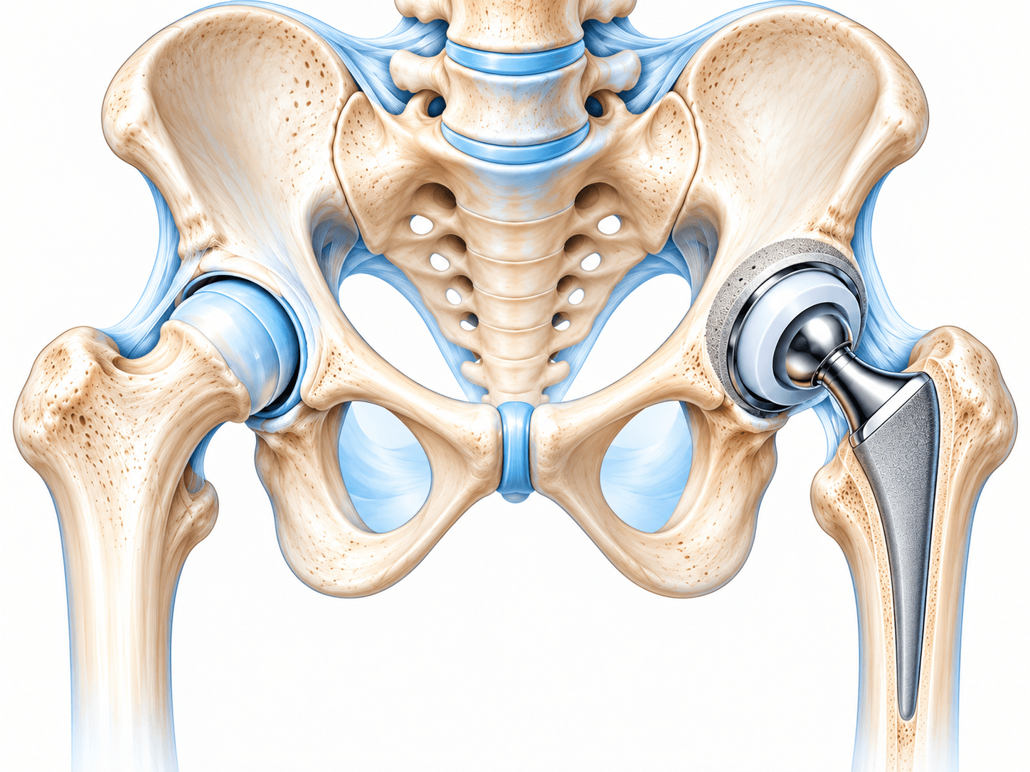 Medical illustration of total hip replacement showing the natural hip joint beside a prosthetic hip implant with acetabular cup, femoral head and stem.