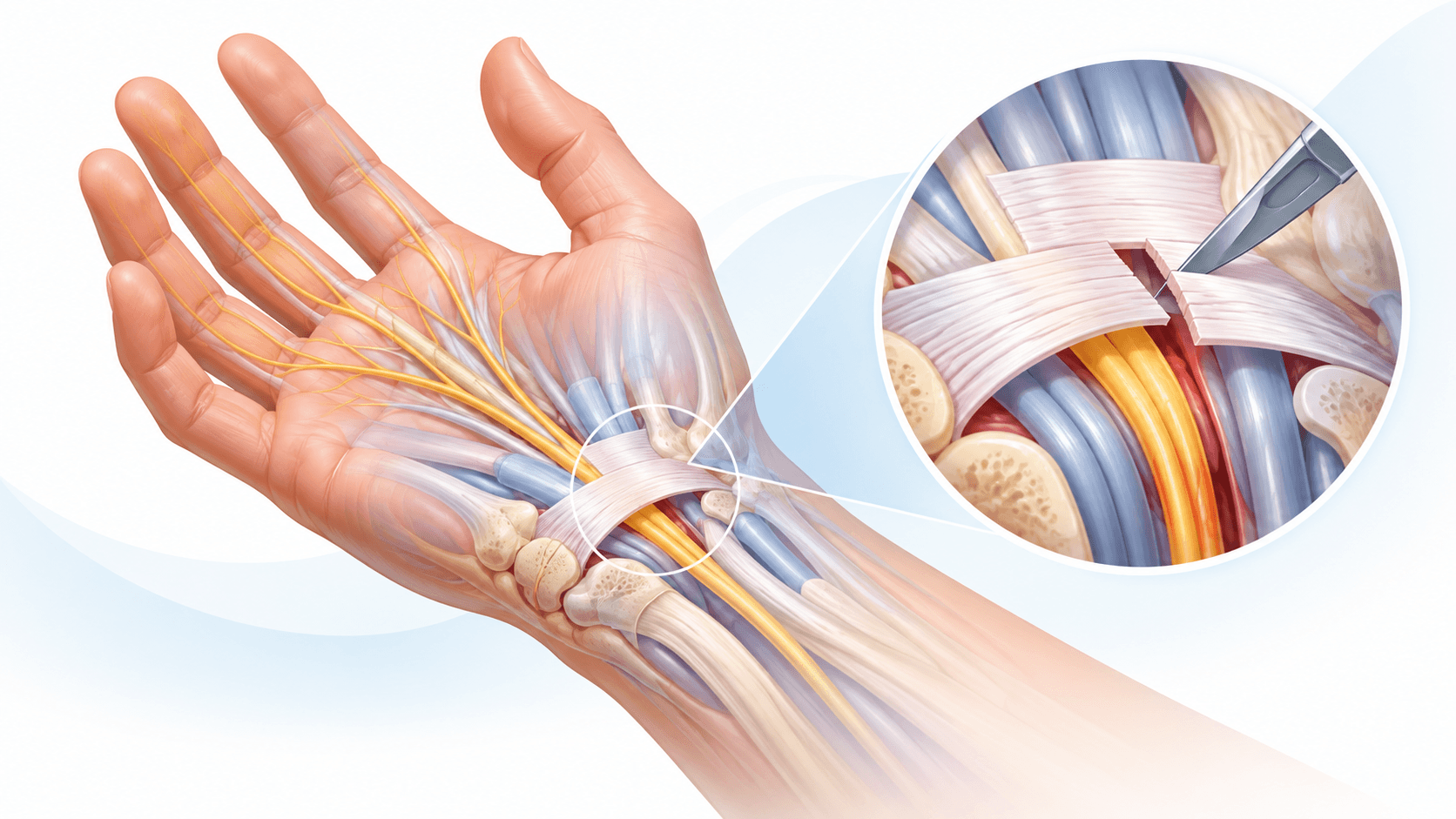 Vector medical illustration of carpal tunnel release showing the median nerve, wrist anatomy and surgical division of the transverse carpal ligament.