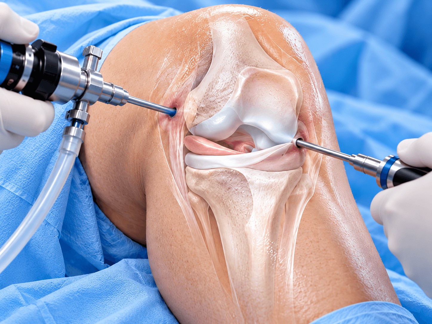 Knee arthroscopy procedure showing a close-up of the knee joint with an arthroscope and surgical instrument inserted through small portals.