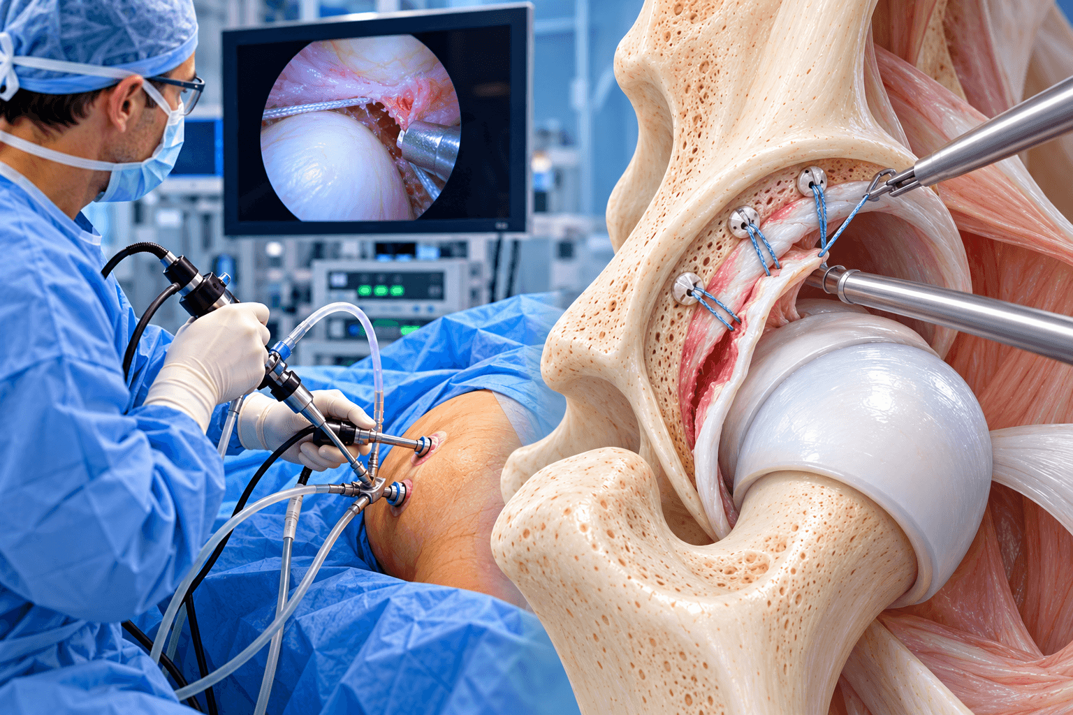 Hip labral repair showing arthroscopic surgery with suture anchors reattaching a torn acetabular labrum to the rim of the hip socket.