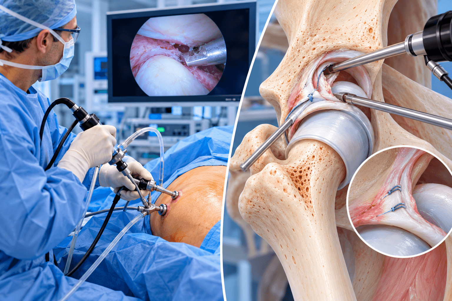 Hip arthroscopy showing an orthopedic surgeon using minimally invasive instruments to repair a torn hip labrum with suture anchors inside the hip joint.