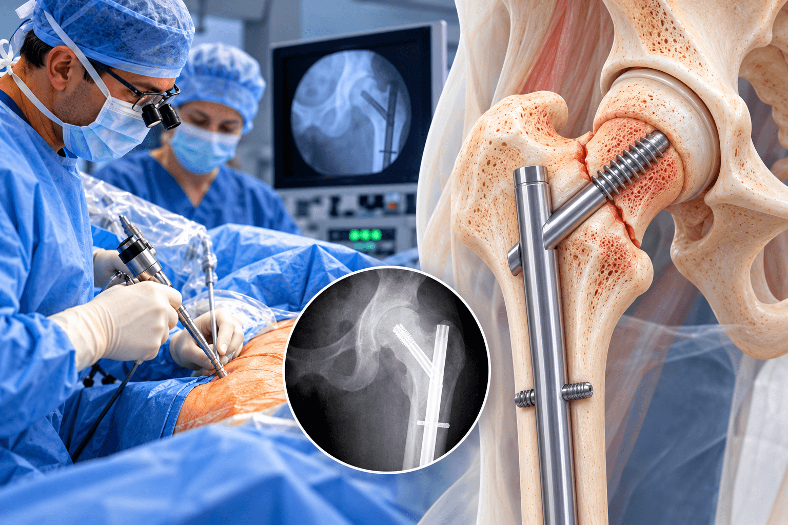 Hip fracture surgery showing orthopedic fixation of a proximal femur fracture with a cephalomedullary nail, lag screw, and fluoroscopic X-ray guidance.