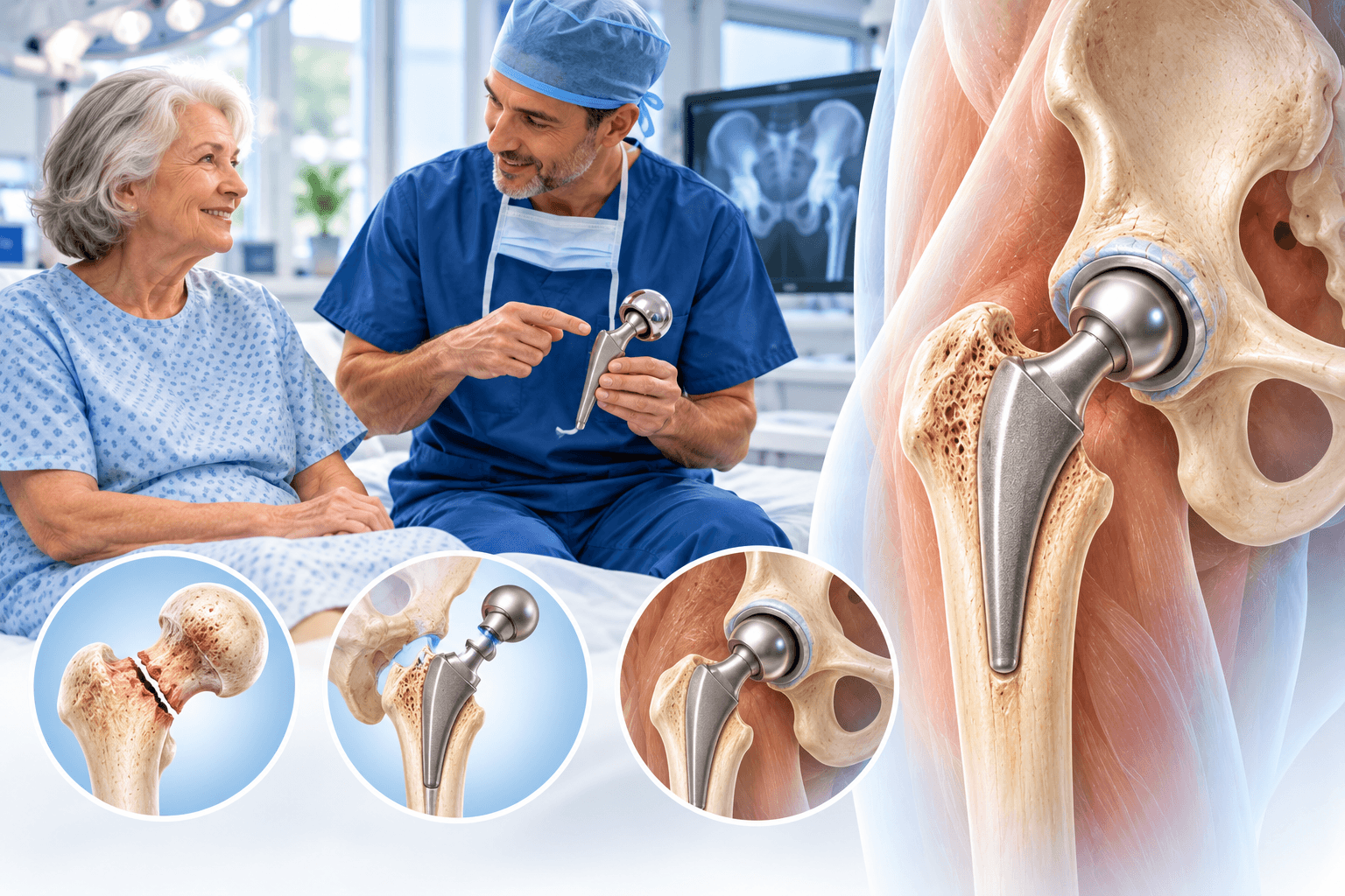 Hip hemiarthroplasty showing an older patient, orthopedic surgeon, femoral neck fracture, and partial hip implant replacing the femoral head while preserving the natural acetabulum.