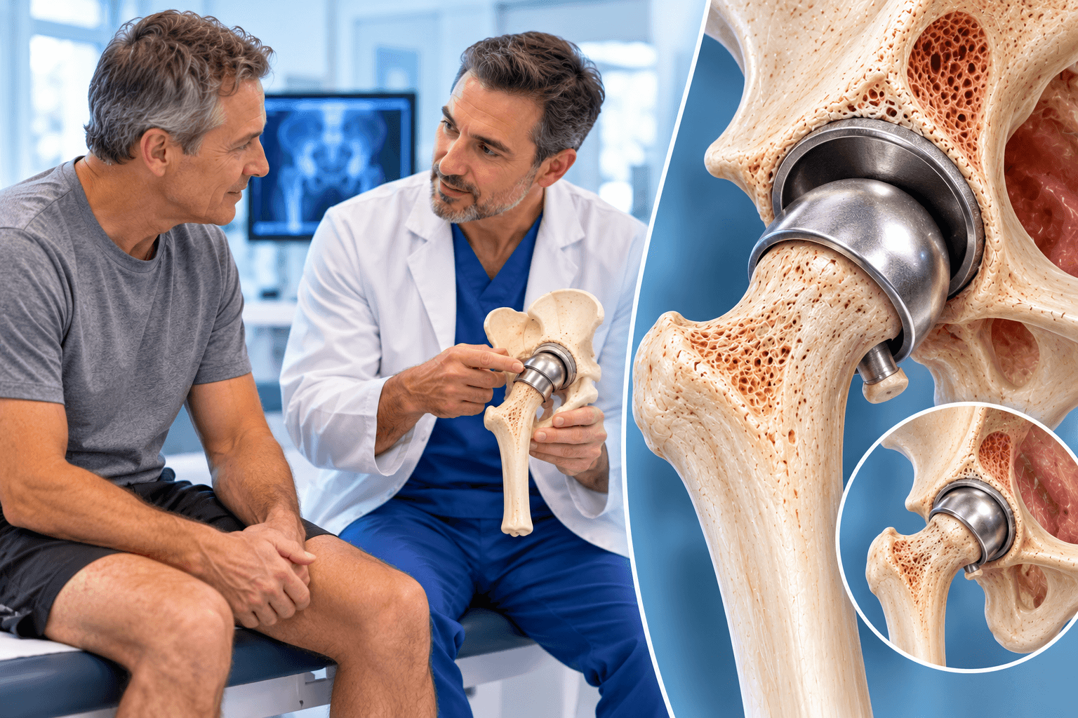 Hip resurfacing surgery showing a patient and orthopedic surgeon alongside a preserved femoral head fitted with a metal cap and acetabular cup.