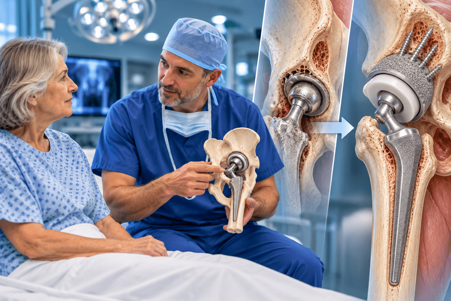 Hip revision surgery showing an older patient and orthopedic surgeon alongside a failed hip implant being replaced with a revision cup, screws, and a long femoral stem.