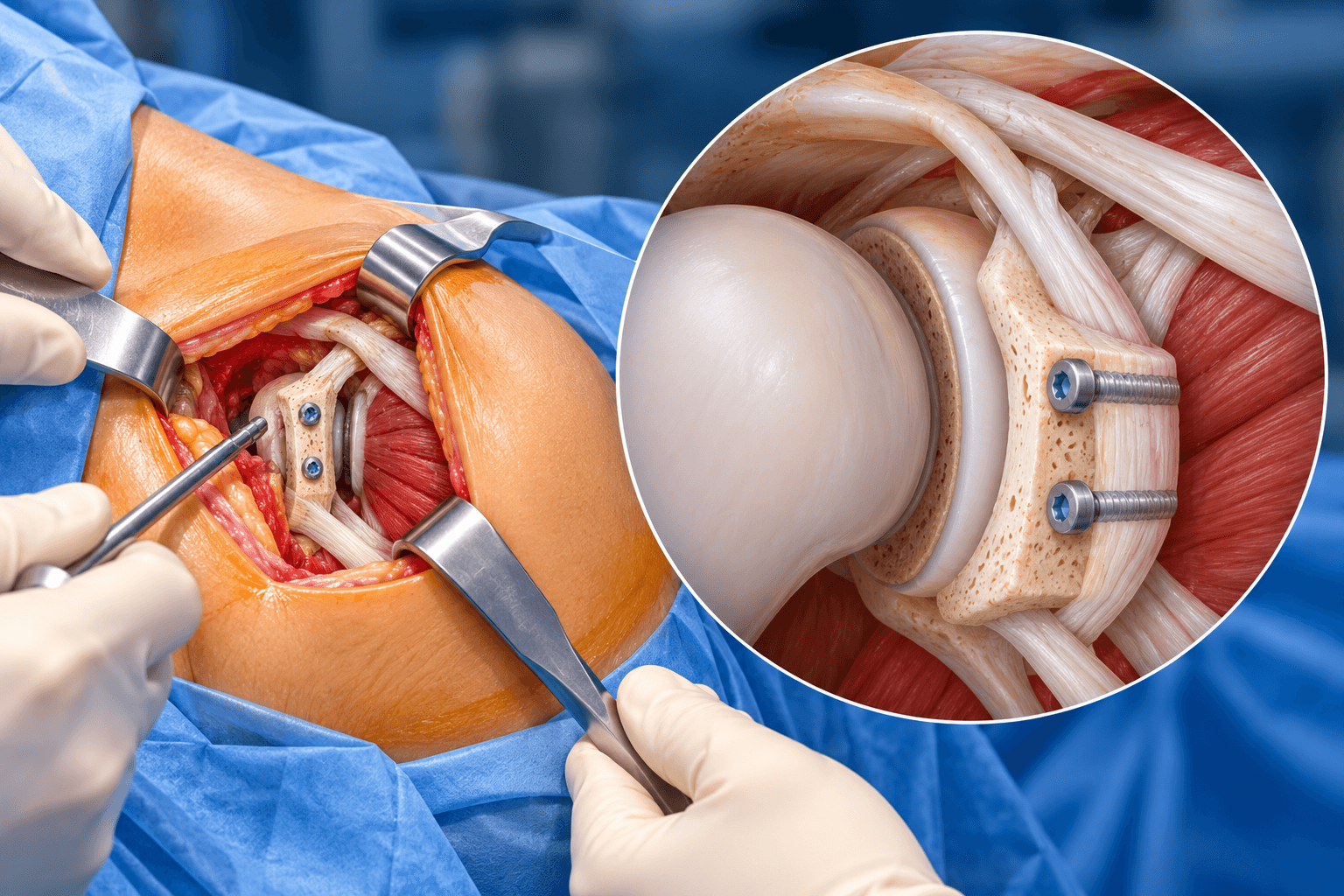 Latarjet procedure showing a coracoid bone graft transferred to the front of the glenoid and secured with screws to stabilize the shoulder joint.