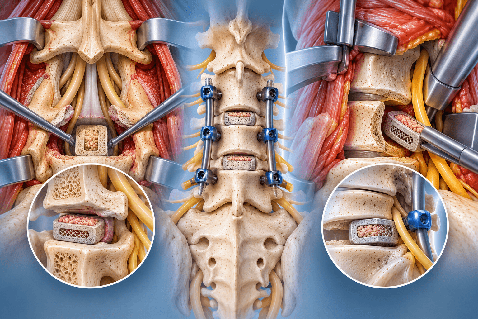 TLIF and PLIF lumbar interbody fusion showing an interbody cage placed between lumbar vertebrae with pedicle screws and rods stabilizing the fused spinal segment.