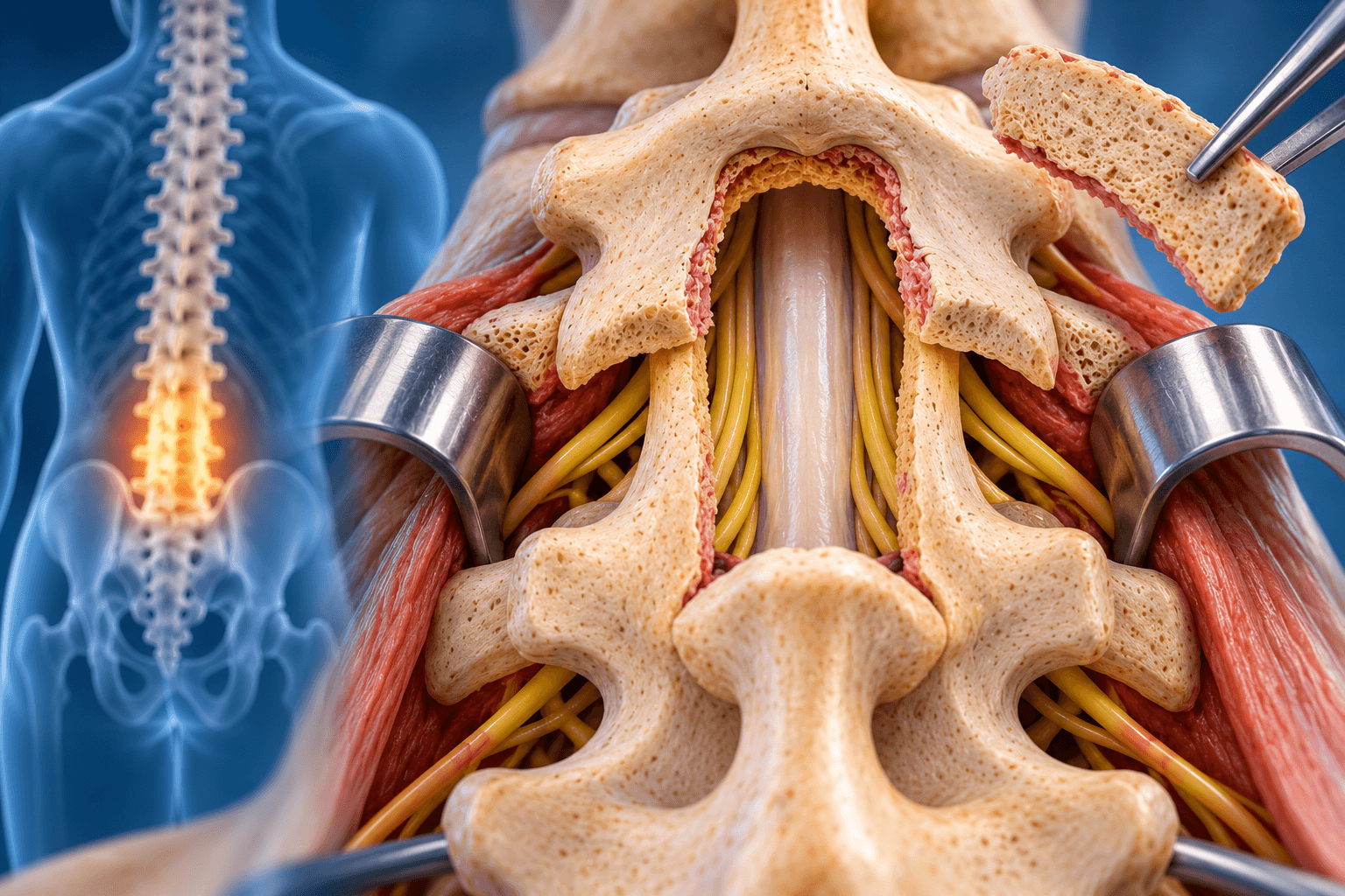Laminectomy showing removal of the posterior vertebral lamina to enlarge the lumbar spinal canal and relieve pressure on the spinal nerves.