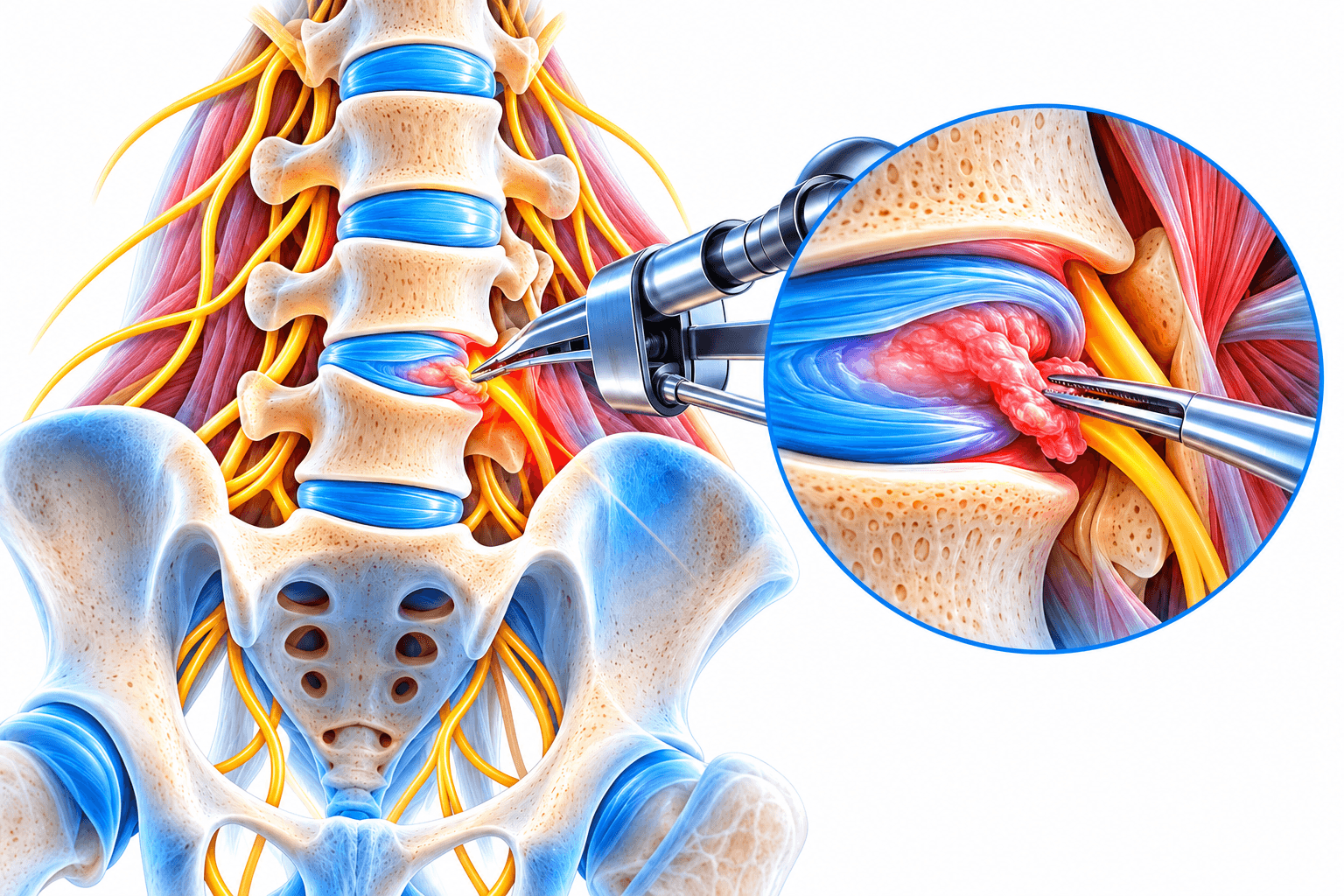 Medical illustration of lumbar microdiscectomy showing a herniated disc compressing a spinal nerve and surgical removal of the disc fragment.
