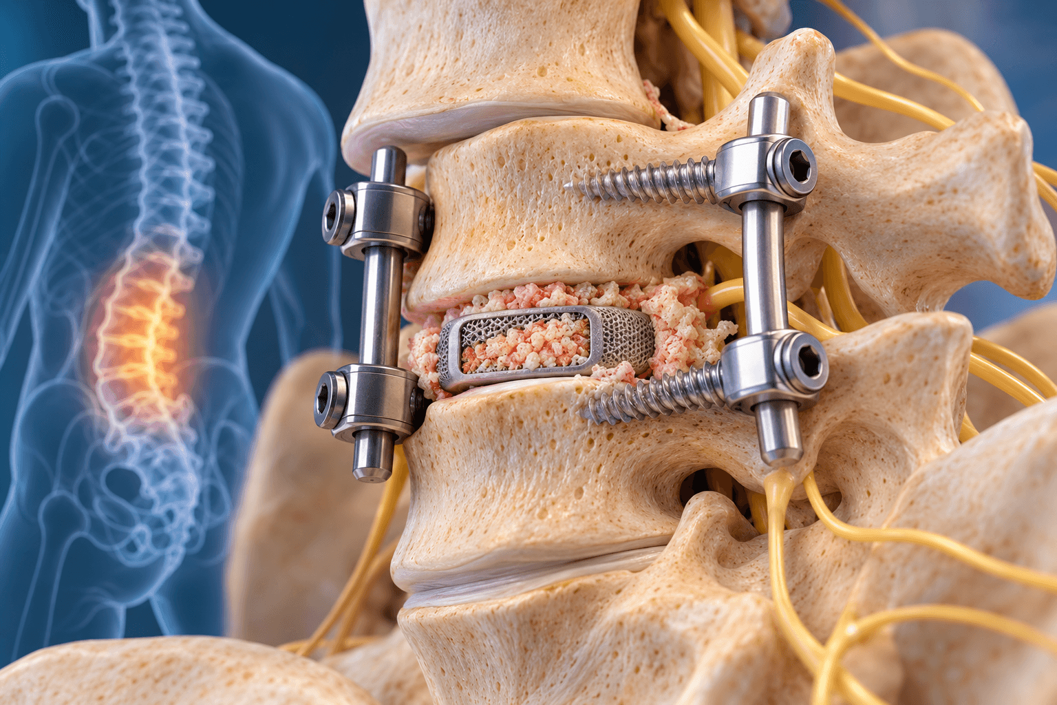 Spinal fusion showing lumbar vertebrae stabilized with pedicle screws and rods, with an interbody cage and bone graft placed between the fused vertebrae.