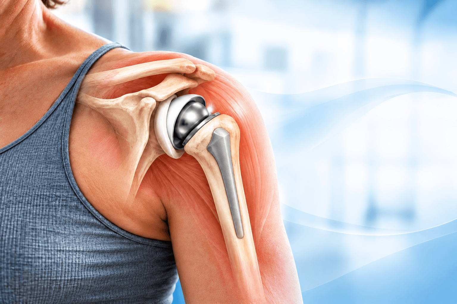Close-up medical illustration of a shoulder with a total shoulder replacement implant, showing the humeral stem, artificial joint ball, and socket in a clean blue clinical background.