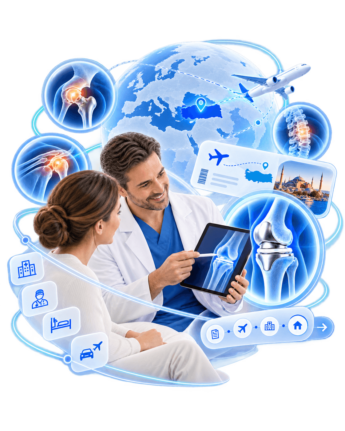 Orthopedic surgery in Turkey: a surgeon explaining a knee implant plan to a patient, with a globe and flight route behind them