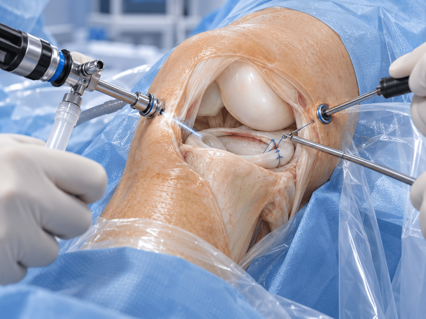 Meniscus repair surgery showing arthroscopic instruments and sutures repairing a torn meniscus inside the human knee.