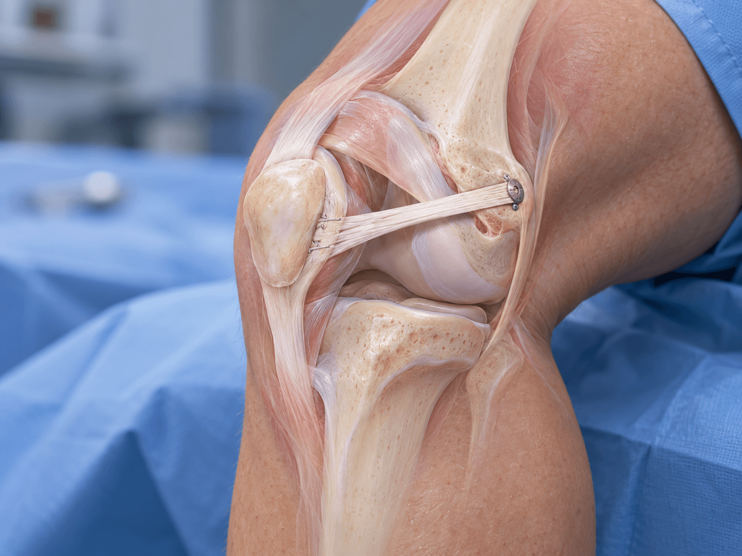 MPFL reconstruction surgery showing a tendon graft stabilizing the kneecap between the medial patella and femur in the human knee.