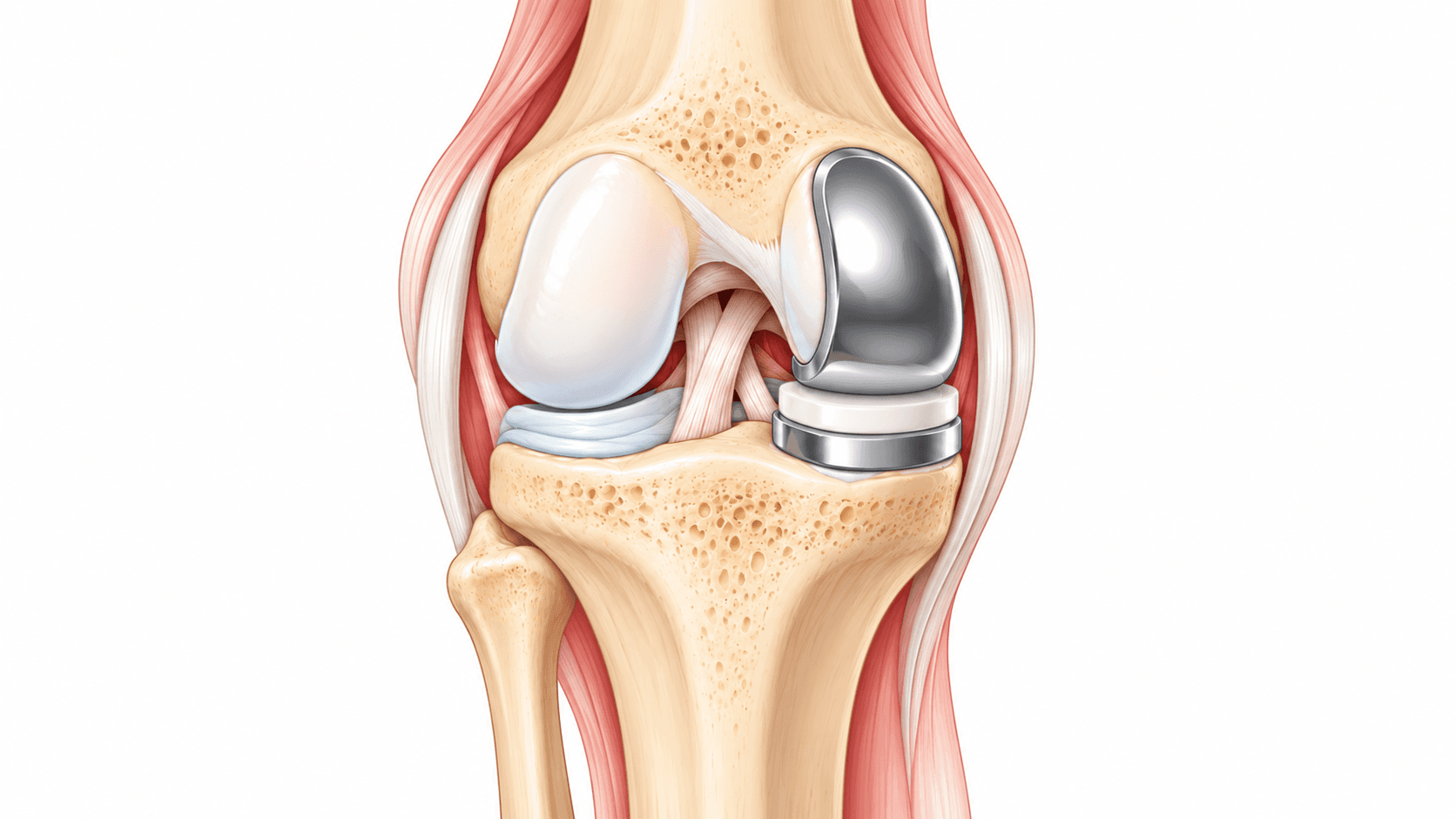 Partial knee replacement illustration showing a metal femoral component and polyethylene tibial implant replacing only the damaged knee compartment while preserving the healthy side.