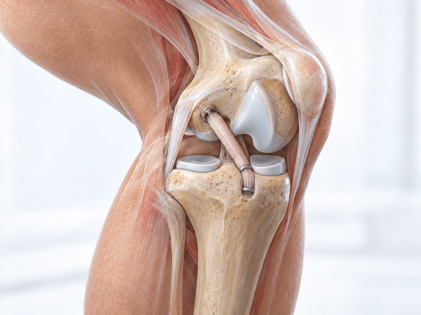 PCL reconstruction illustration showing a tendon graft replacing the posterior cruciate ligament and secured through femoral and tibial bone tunnels in the knee.