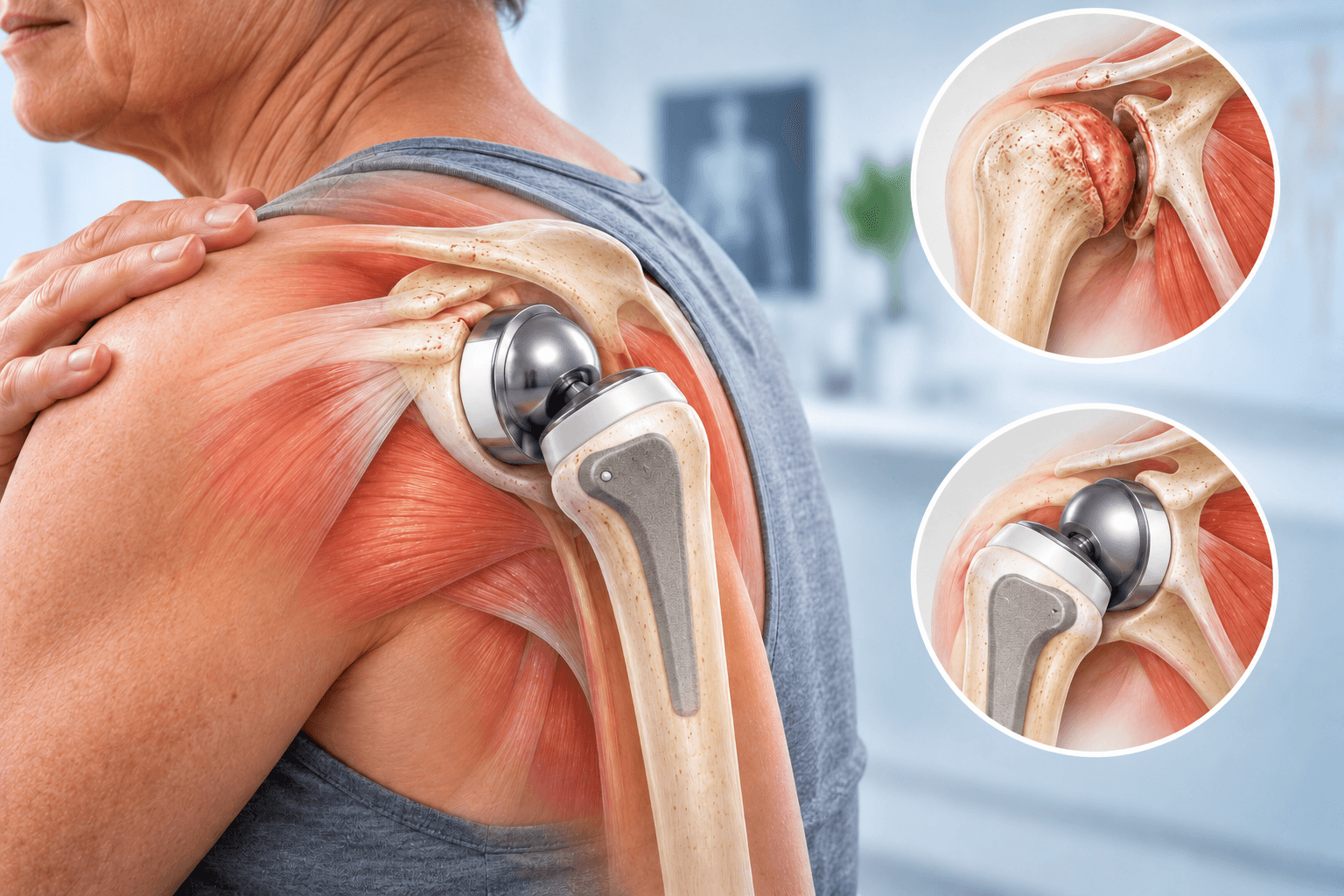 Reverse shoulder replacement showing a metal glenosphere attached to the shoulder blade and a polyethylene socket on the humeral side, with a before-and-after view of the damaged and reconstructed shoulder joint.