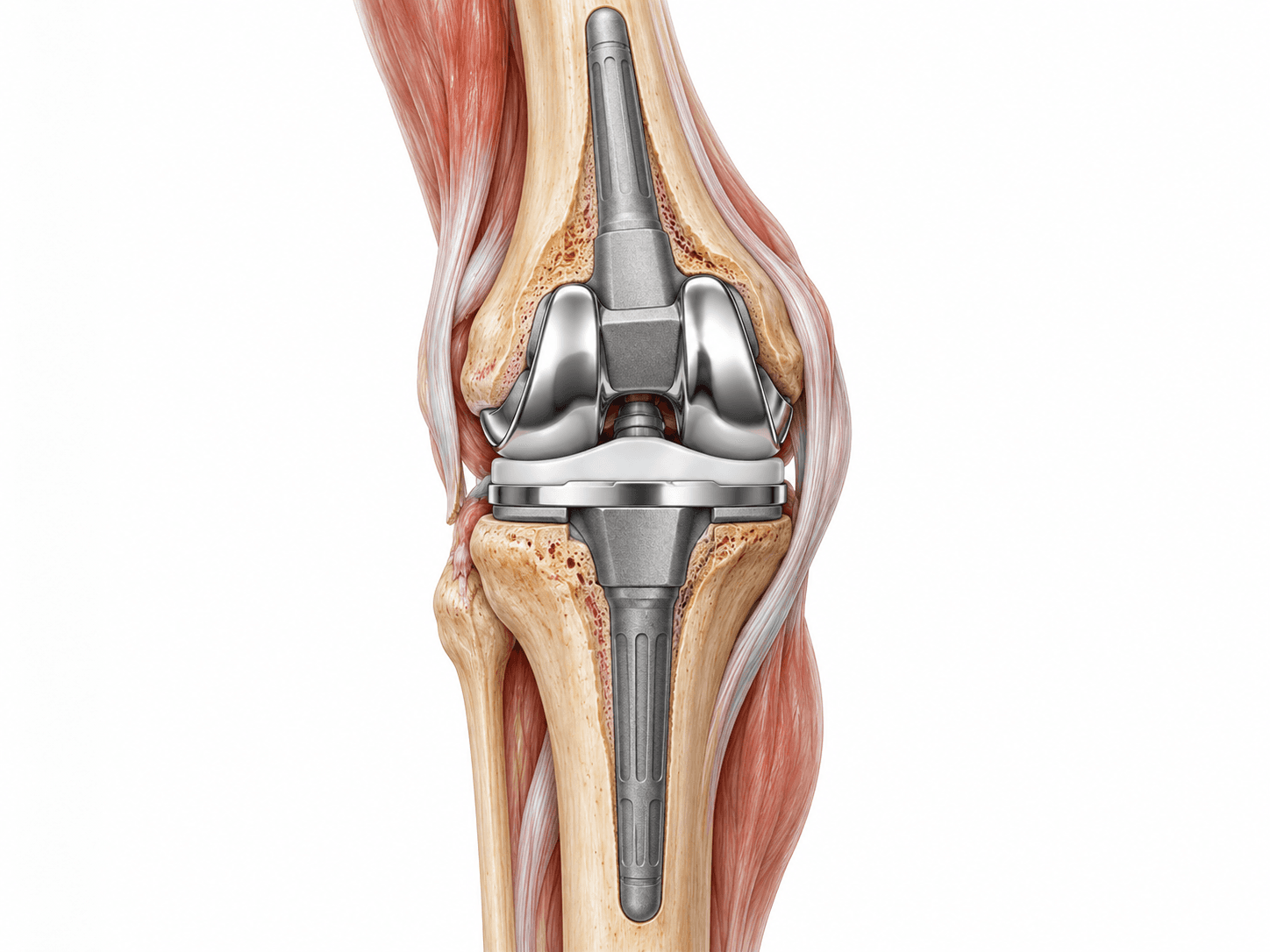 Revision knee replacement illustration showing a stemmed revision knee prosthesis replacing a failed total knee implant with extended femoral and tibial components.