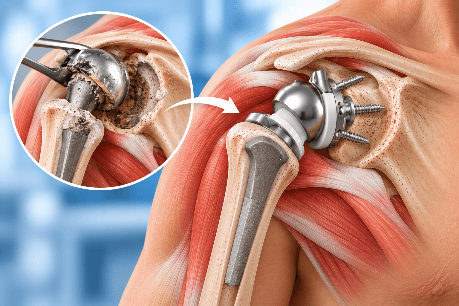 Revision shoulder replacement showing removal of a failed shoulder implant and reconstruction with a revision reverse shoulder prosthesis, glenoid baseplate, screws, and humeral stem.