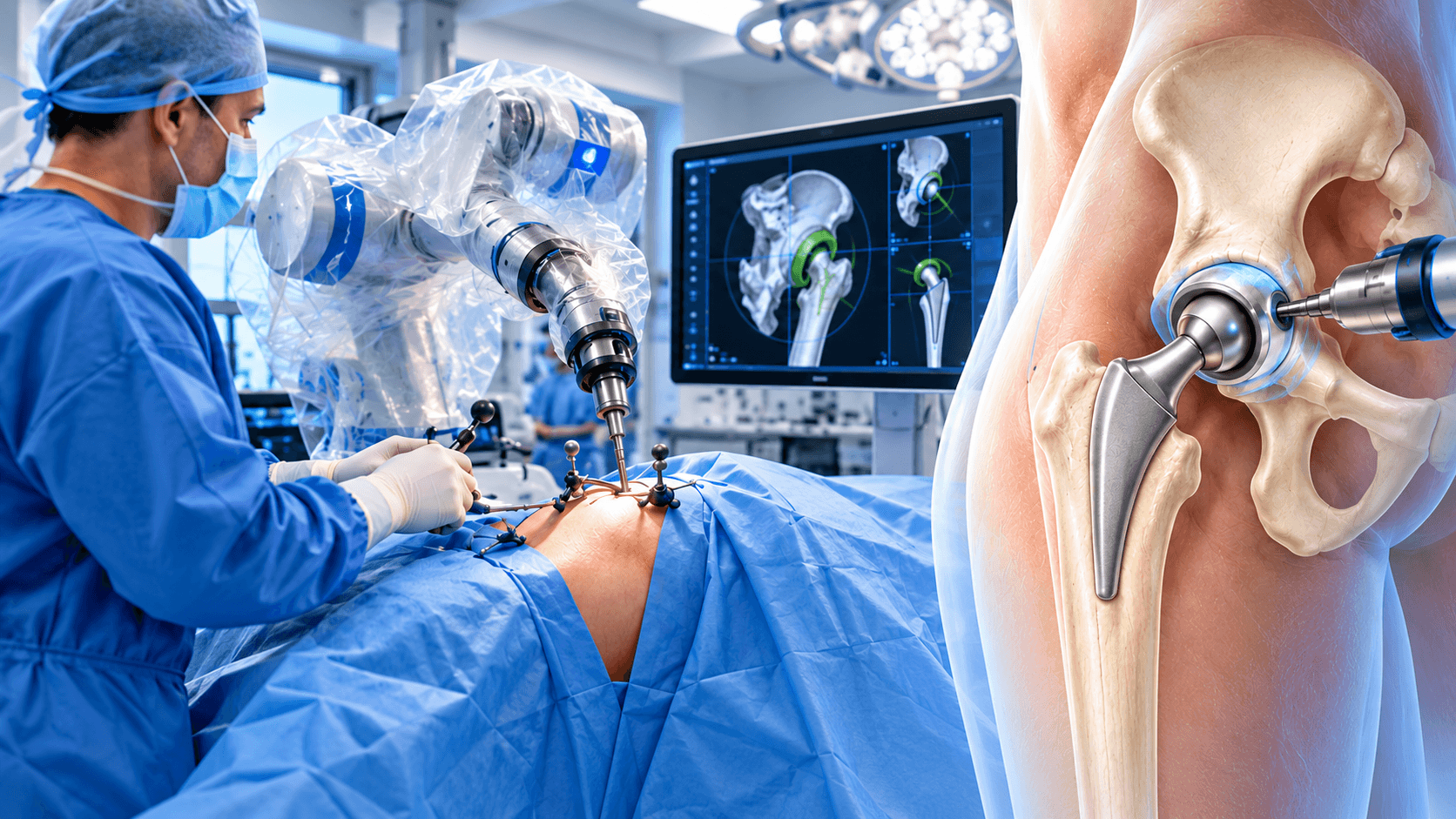 Robotic hip replacement surgery showing a surgeon using robotic-assisted technology to position a total hip implant with real-time 3D navigation.
