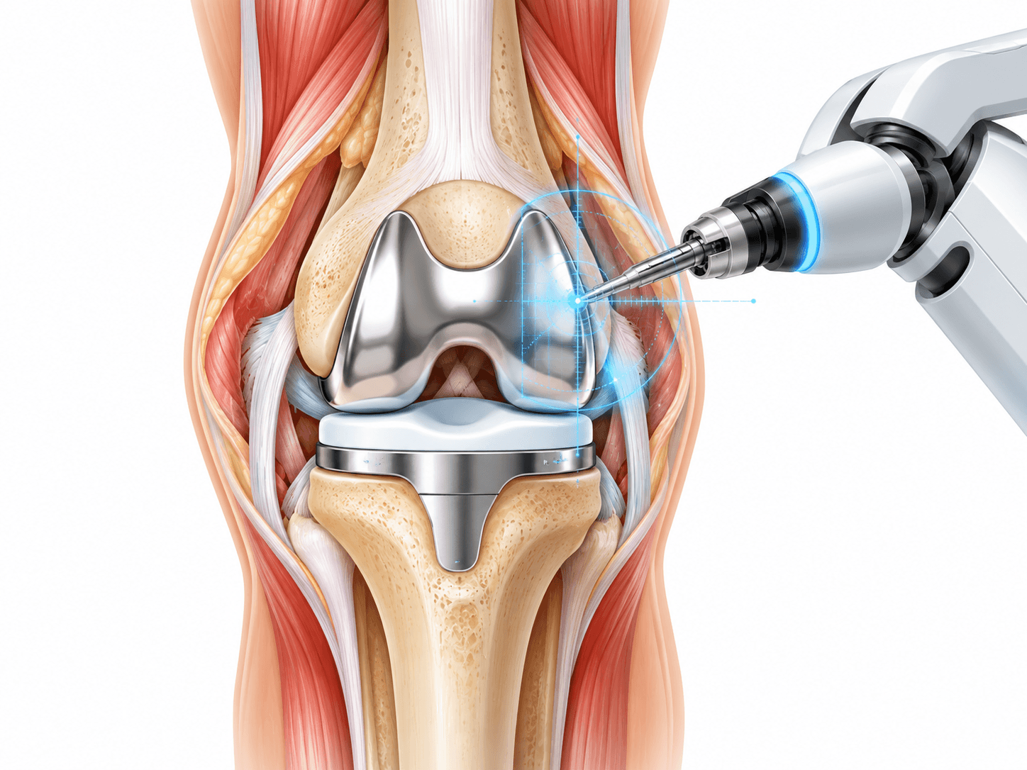 Robotic knee replacement illustration showing a robotic surgical arm assisting precise placement of total knee replacement implants.