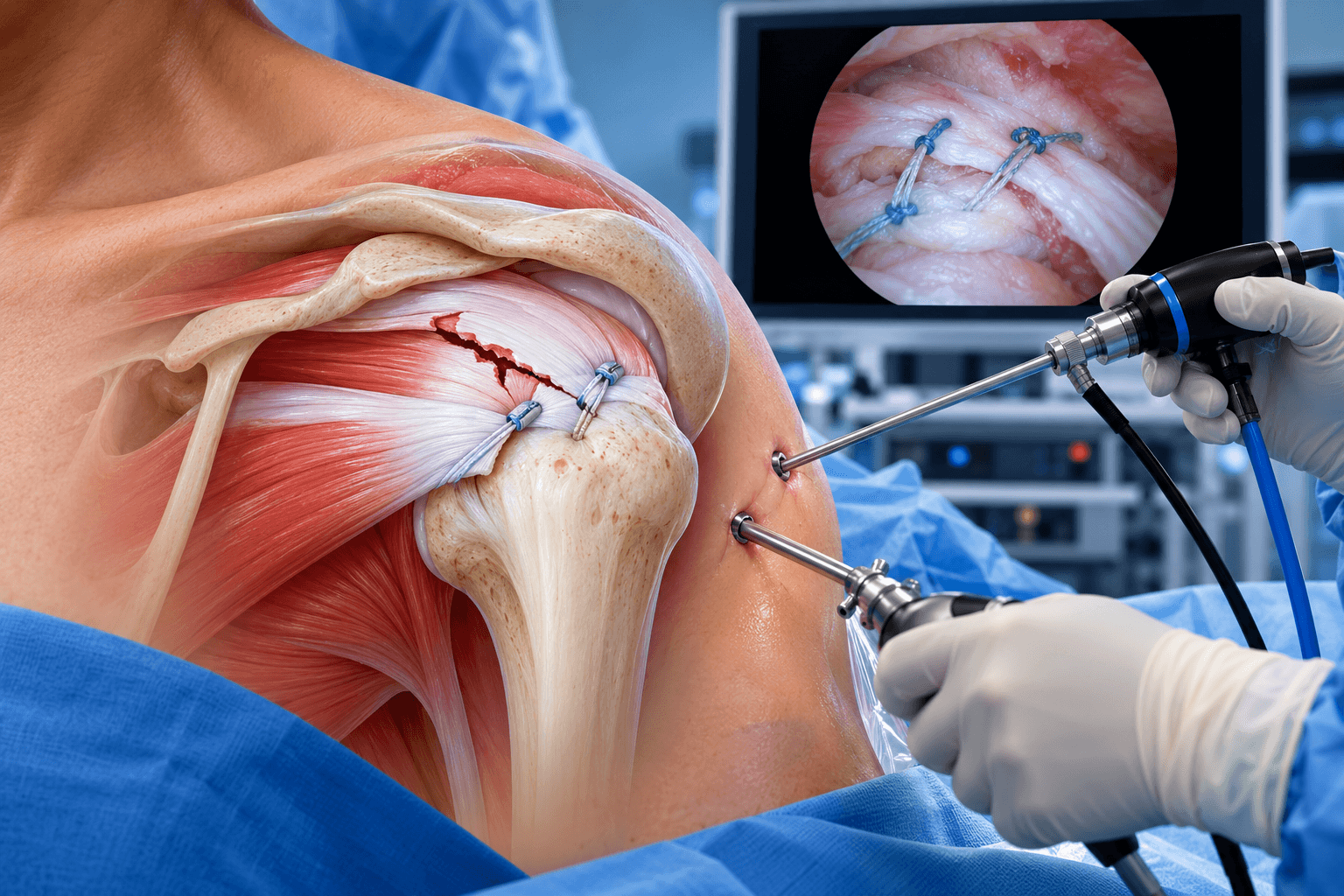 Rotator cuff repair showing arthroscopic shoulder surgery with suture anchors reattaching a torn rotator cuff tendon to the humeral head.