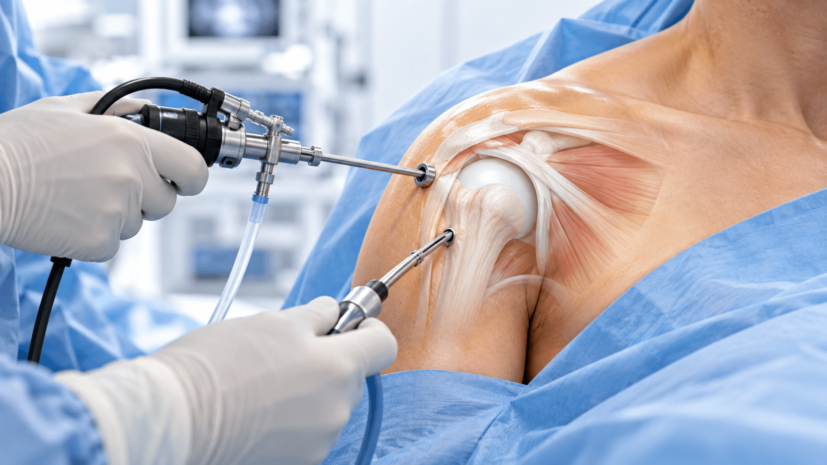 Shoulder arthroscopy showing an orthopedic surgeon inserting an arthroscope and surgical instrument through small portals to examine and treat the inside of the shoulder joint.