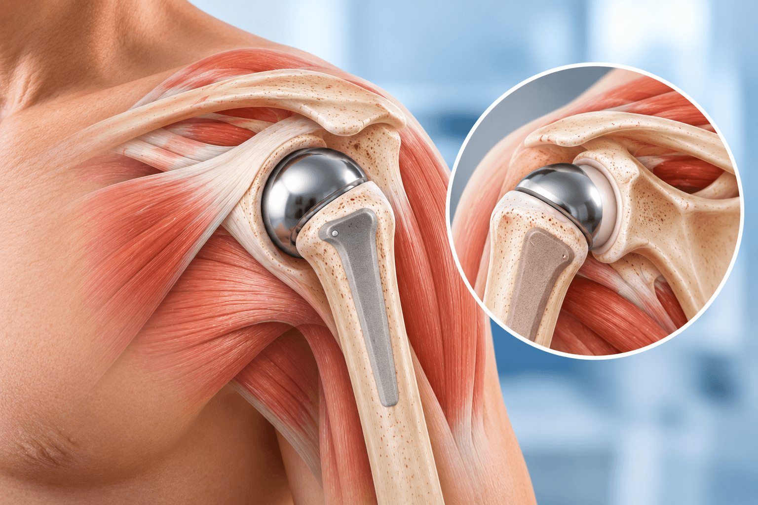 Partial shoulder replacement showing a prosthetic humeral head and stem replacing the damaged ball of the shoulder while preserving the natural glenoid socket.