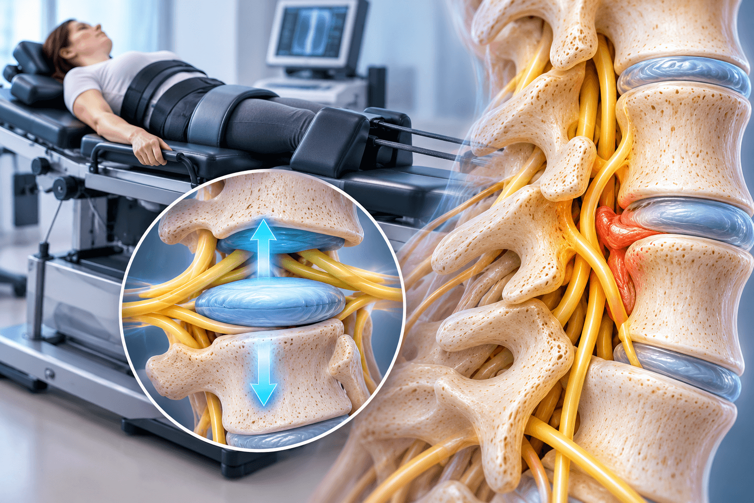 Spinal decompression showing removal of bone and thickened tissue from the lumbar spine to enlarge the spinal canal and relieve pressure on compressed nerve roots.