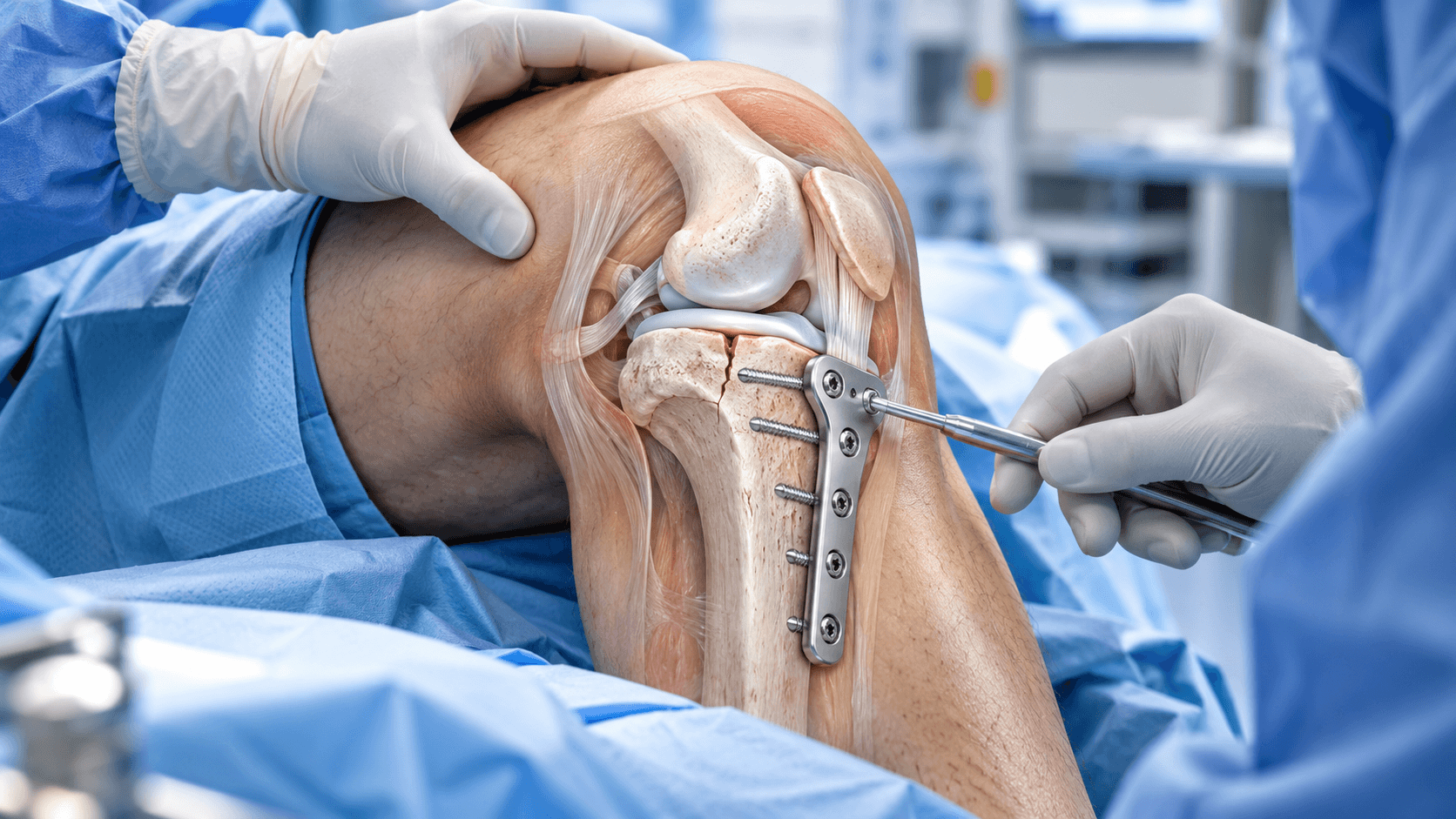 Fractured knee surgery showing plate-and-screw fixation of a tibial plateau fracture in the human knee.